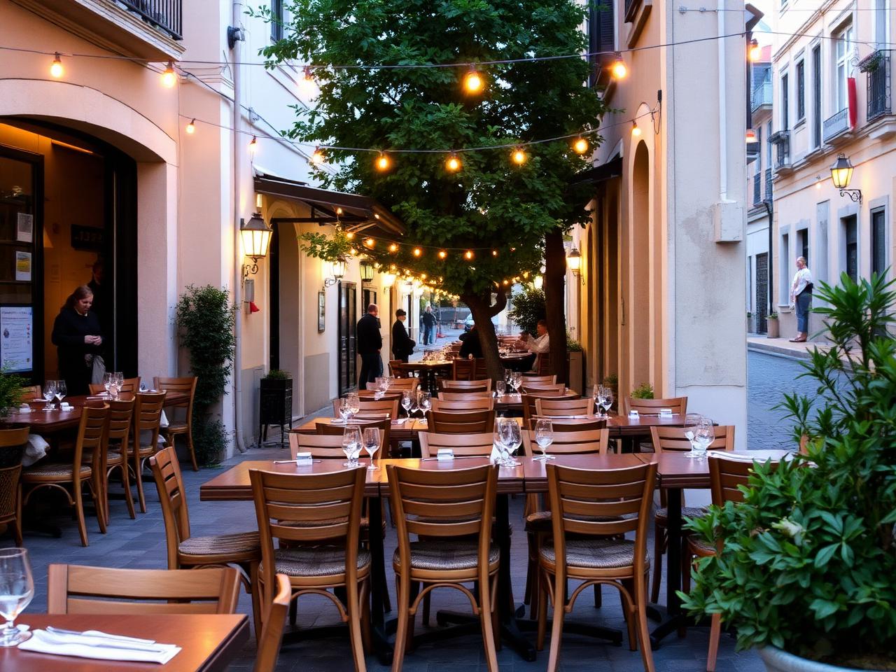 Outdoor terrace tables with string lights